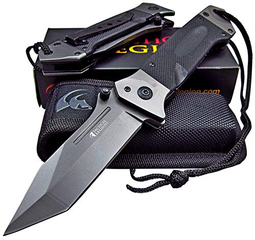 Product Cover Tactical Legion Heavy Duty Folding Pocket Knife with Sheath: Fast One Hand Opening, 8Cr13MoV Razor Sharp Blade, Great for Outdoor Work Survival Camping Hiking Hunting