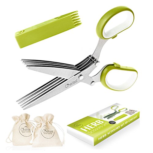 Product Cover Chefast Herb Scissors Set - Multipurpose Cutting Shears with 5 Stainless Steel Blades, Jute Pouches, and Safety Cover with Cleaning Comb - Cutter/Chopper/Mincer for Herbs - Kitchen Gadget