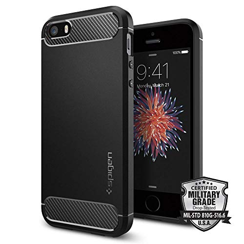 Product Cover Spigen Rugged Armor iPhone SE Case with Resilient Shock Absorption and Carbon Fiber Design for iPhone SE 2016 - Black