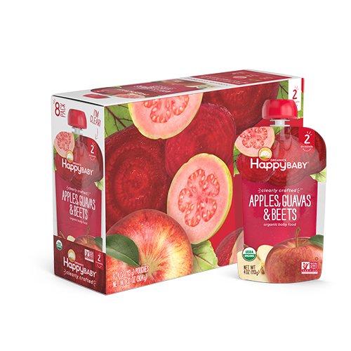 Product Cover Happy Baby Organic Clearly Crafted Stage 2 Baby Food Apples, Guavas & Beets, 4 Ounce Pouch (Pack of 16)