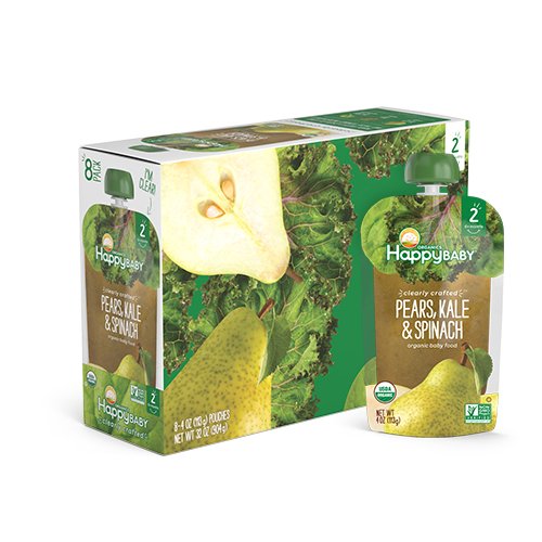 Product Cover Happy Baby Organic Clearly Crafted Stage 2 Baby Food Pears, Kale & Spinach, 4 Ounce Pouch (Pack of 16)