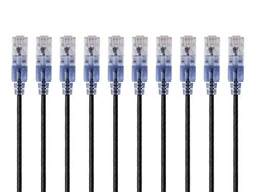 Product Cover Monoprice SlimRun Cat6A Ethernet Patch Cable - Network Internet Cord - RJ45, Stranded, 550Mhz, UTP, Pure Bare Copper Wire, 10G, 30AWG , 1ft, Black, 10-Pack