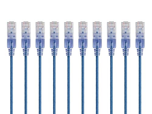 Product Cover Monoprice SlimRun Cat6A Ethernet Patch Cable - Network Internet Cord - RJ45, Stranded, 550Mhz, UTP, Pure Bare Copper Wire, 10G, 30AWG , 1ft, Blue, 10-Pack