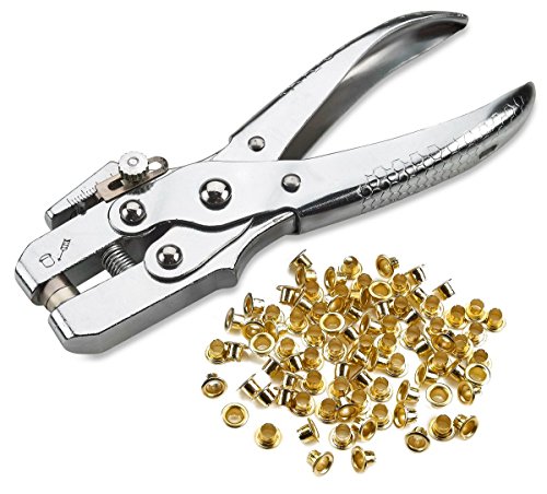 Product Cover Katzco Eyelet Grommet Pliers Kit - 1 Hole Punch, 100 Gold Grommets - for Leather, Canvas, Cloth, Shoe, Vinyl, Sheet Metal, Carbon Fiber, Belts, Bags, Crafts, and More