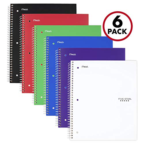 Product Cover Five Star Spiral Notebooks, 1 Subject, College Ruled Paper, 100 Sheets, 11 inches x 8-1/2 inches, Assorted Colors, 6 Pack (38052)