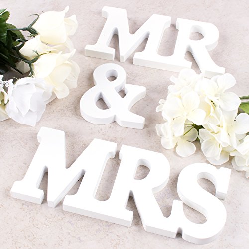 Product Cover Super Z Outlet White Wooden Mr and Mrs Signs Wedding Present for Party Table Top Dinner Decoration, Display Stand Figures, Home Wall