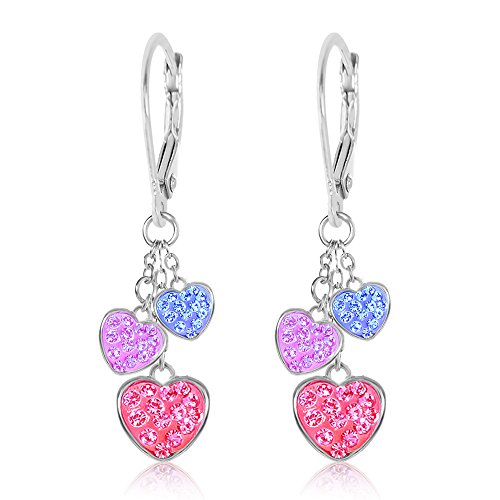 Product Cover Kids Earrings White Gold Tone Hearts Multi Crystal Earrings with Silver Leverbacks Baby, Girls, Children