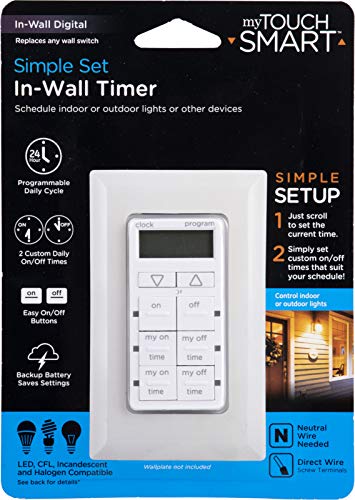 Product Cover myTouchSmart In-Wall Digital Timer, 4 Programmable On/Off Buttons, 2 Easy On/Off Buttons, 24 Hour Daily Cycles, Blue LED Indicators, with Battery Backup, for Indoor/Outdoor Lights, Fans, 26893