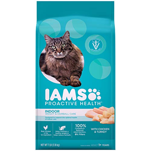 Product Cover Iams Proactive Health Adult Indoor Weight Control & Hairball Control Dry Cat Food with Chicken, Turkey, and Garden Greens, 7 lb. Bag