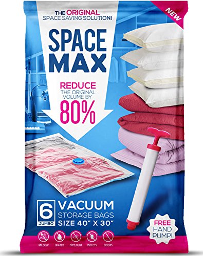 Product Cover Spacemax Premium Reusable Vacuum Storage Bags (Jumbo 6 Pack), Save 80% More Storage Space. Double Zip Seal & Leak Valve, Travel Hand Pump Included.