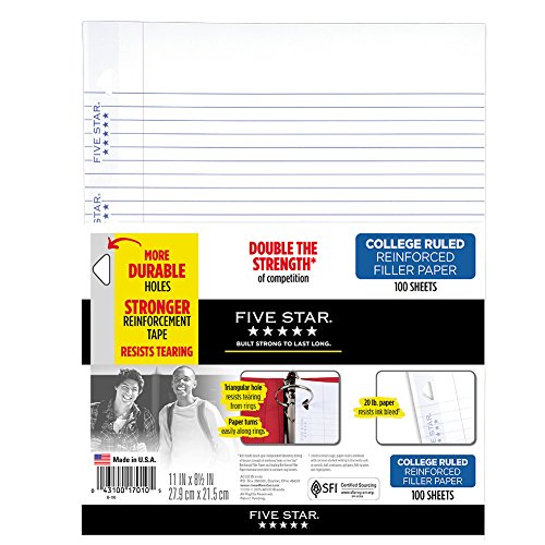 Product Cover Five Star Loose Leaf Paper, 3 Hole Punched, Reinforced Filler Paper, College Ruled, 11
