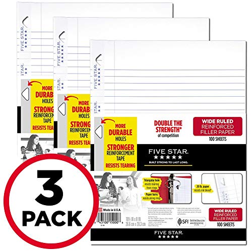 Product Cover Five Star Loose Leaf Paper, 3 Hole Punched, Reinforced Filler Paper, Wide Ruled, 10-1/2  x 8 inches, 100 Sheets/Pack, 3 Pack (38033)