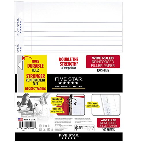 Product Cover Five Star Loose Leaf Paper, 3 Hole Punched, Reinforced Filler Paper, Wide Ruled, 10-1/2 x 8 inches, 100 Sheets/Pack, 1 Pack (15000)