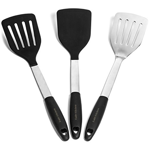 Product Cover Daily Kitchen Spatula Set Heat Resistant Silicone and Stainless Steel - Turner Spatulas Rubber Grip - Flexible Silicone Spatulas for Cooking and Grilling - Pancake Turners, Egg Flippers - 3-Piece Set