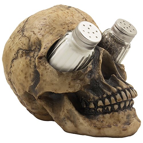 Product Cover Scary Evil Human Skull Salt and Pepper Shaker Set Figurine Display Stand Holder for Spooky Halloween Party Decorations & Gothic Kitchen Decor Collectible or Novelty Gifts by Home-n-Gifts
