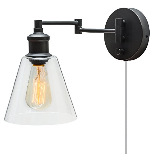 Product Cover Globe Electric LeClair 1-Light Plug-In or Hardwire Industrial Wall Sconce, Dark Bronze Finish, On/Off Rotary Switch, 6ft Clear Cord, Clear Glass Shade 65311