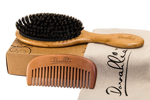 Product Cover Boar Bristle Hair Brush Set for Women and Men - Designed for Thin and Normal Hair - Adds Shine and Improves Hair Texture - Wood Comb and Gift Bag Included (black)