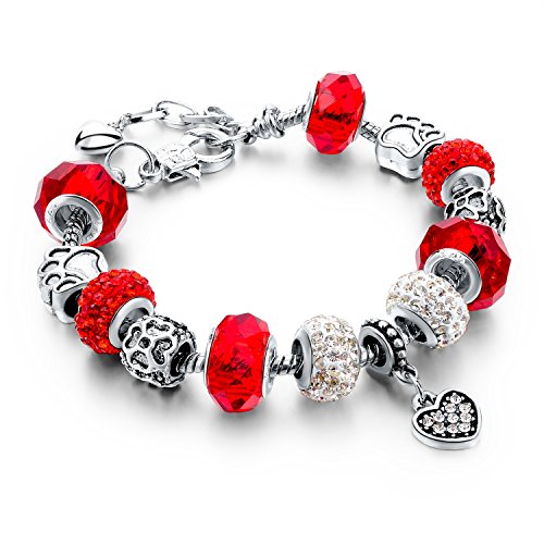 Product Cover Choker Silver Plated Snake Chain Charm Bracelets Crystal Beads Bracelet for Women (Red)