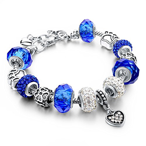 Product Cover Silver Plated Snake Chain Charm Bracelets Crystal Beads Bracelet for Women (Blue)