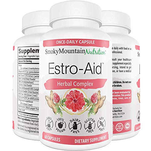 Product Cover Estro-Aid: Estrogen-Free Menopause Supplements. 60 Capsules (2 Month Supply) DIM Supplement, Black Cohosh, Wild Yam, Chrysin & Red Clover. for Estrogen Balance, PMS & Weight Loss. Non-GMO & Vegan