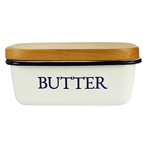 Product Cover Butter Dish - Enamel Butter Boat with Wooden Lid White - by Svebake