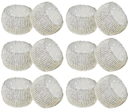 Product Cover SKAVIJ Glass Beads Napkin Rings Set for Dining Table Decoration Handmade (Dia-2.5 Inch, Pack of 12, Silver)