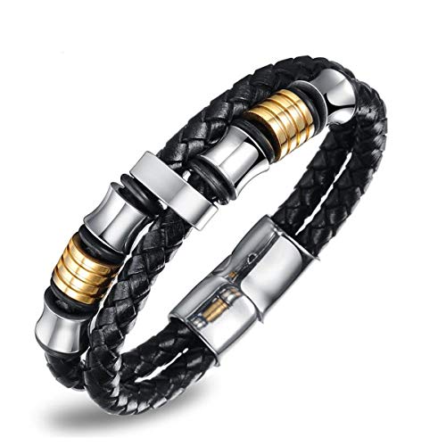 Product Cover Feraco Mens Black Leather Bracelet Double-Row Braided Cuff Wrap Wristbands with Magnetic Clasp, 8.66inch