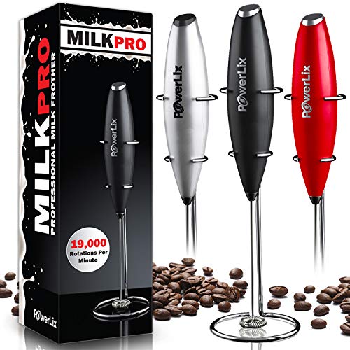 Product Cover PowerLix Milk Frother Handheld Battery Operated Electric Foam Maker For Coffee, Latte, Cappuccino, Hot Chocolate, Durable Drink Mixer With Stainless Steel Whisk, Stainless Steel Stand Include (Black)