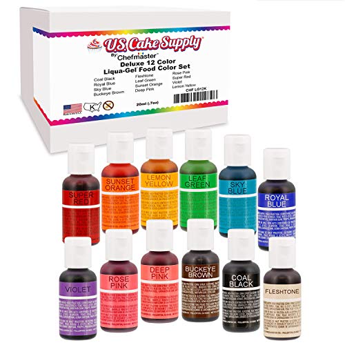 Product Cover Made in the U.S.A. -12 Color Cake Food Coloring Liqua-Gel Decorating Baking Set - U.S. Cake Supply .75 fl. Oz. (20ml) Bottles Primary Popular Colors - Made in the U.S.A. Vegan & Kosher