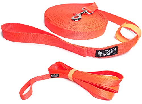 Product Cover Leashboss Long Trainer 20 Foot Lead 1 Inch Nylon Long Dog Training Leash with Storage Strap - K9 Recall - for Large Dogs (20 Foot, 1 in, Orange)