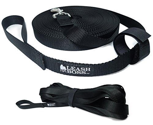 Product Cover Leashboss Long Trainer 50 Foot Lead 1 Inch Nylon Long Dog Training Leash with Storage Strap - K9 Recall - for Large Dogs (50 Foot, 1 in, Black)
