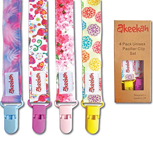 Product Cover Baby Pacifier Clip Girl by Akeekah | 4 Pack | Luxury Eco-Friendly Gift Box | Soothie Pacifier Holder & Binky Clip with Awesome Colorful Designs | Safe BPA Free & Washable Plastic Paci Clips | Easy Use