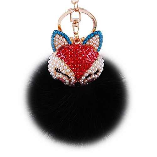 Product Cover Boseen Genuine Rabbit Fur Ball Pom Pom Keychain with A Fashion Alloy Fox Head Studded with Synthetic Diamonds(Rhinestone) for Womens Bag Cellphone Car Charm Pendant Decoration(Black)