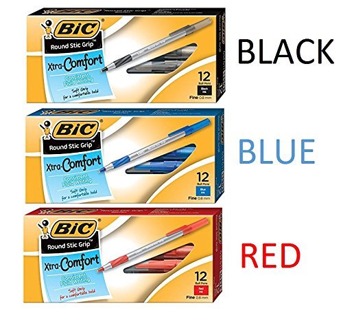 Product Cover BIC Round Stic Grip Xtra Comfort Ball Pen, Fine Point (0.8 mm), Black, Blue & Red, 12 Each Per Box