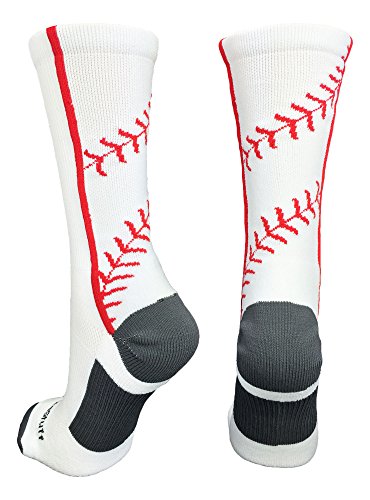 Product Cover MadSportsStuff Baseball Socks with Stitches in Crew Length (White/Red, Medium)
