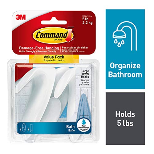 Product Cover Command 745654016266 Towel Value Pack, Clear Frosted, 3-Hooks, 3-Large Water-Resistant Strip (BATH17-3ES), White