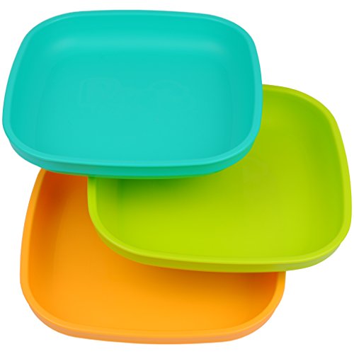Product Cover Re-Play Made in USA 3pk Plates with Deep Sides for Baby, Toddler - Aqua, Green & Sunny Yellow (Aqua Asst.)