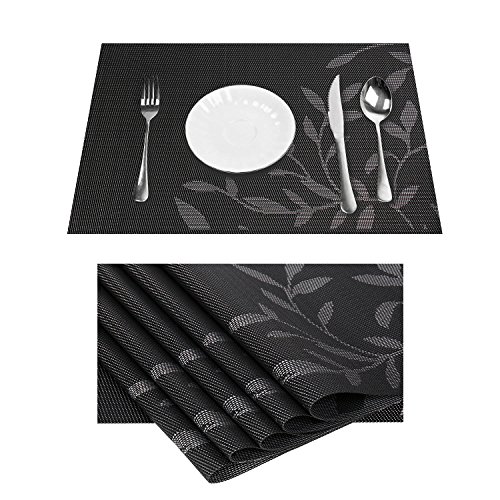Product Cover Vinyl Black Place Mats Heat Resistant with Leaf Design for Dining Table Kitchen Non-Slip Washable PVC Set of 6