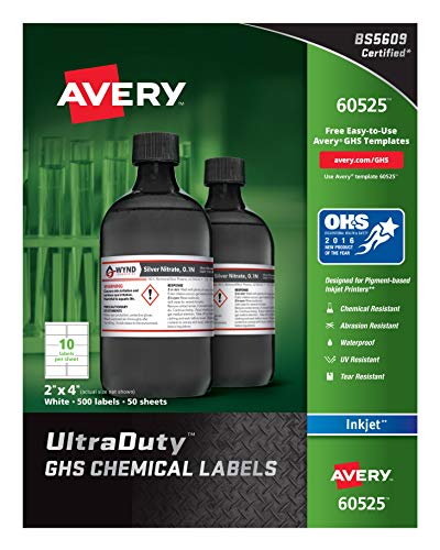 Product Cover Avery UltraDuty GHS Chemical Labels for Pigment Inkjet Printers, Waterproof, UV Resistant, 2x4,500Pk (60525)