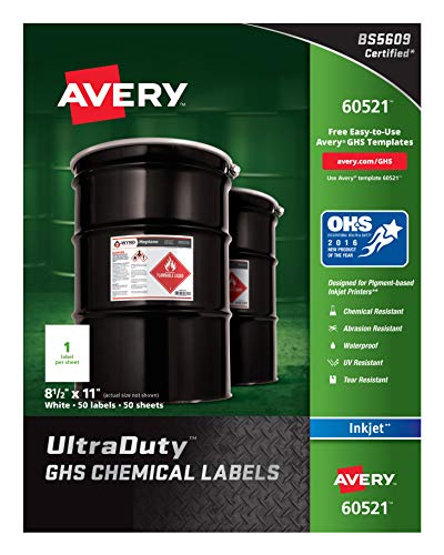 Product Cover Avery Ultra Duty GHS Chemical Labels for Pigment Inkjet Printers, Waterproof, UV Resistant, 8.5 x 11 (60521)