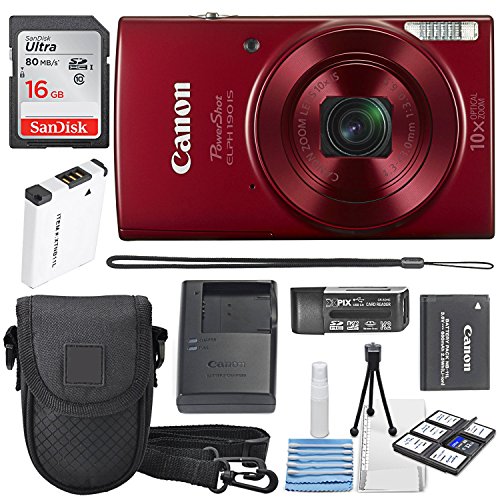 Product Cover Canon PowerShot ELPH 190 IS Digital Camera (Red) with 10x Optical Zoom and Built-In Wi-Fi with 16GB SDHC + Replacement battery + Protective camera case Along with Deluxe Cleaning Bundle