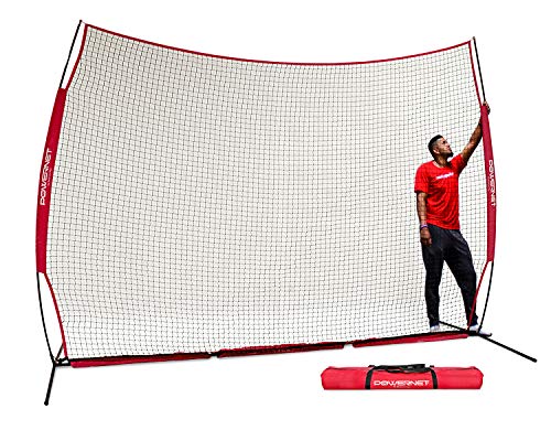 Product Cover PowerNet 12 ft x 9 ft Sports Barrier Net | 108 SqFt of Protection | Safety Backstop | Portable EZ Setup Barricade for Baseball, Lacrosse, Basketball, Soccer, Field Hockey, Softball (Red)