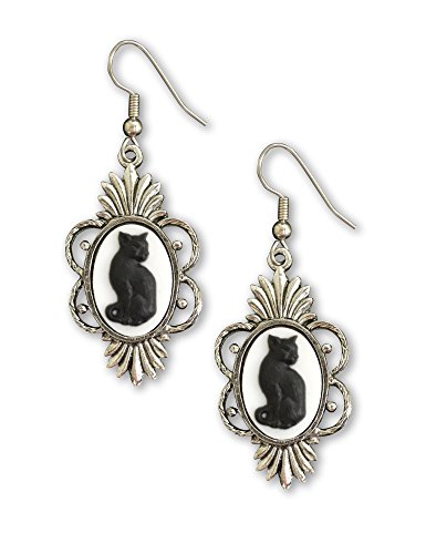 Product Cover Gothic Black Cat Cameo in Silver Finish Pewter Frame Dangle Earrings