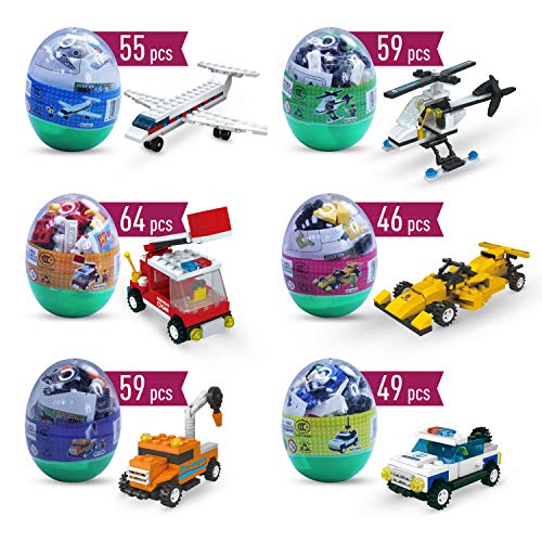 Product Cover Easter eggs filled with Building Brick blocks toys. 6 eggs each have different shape bricks and instructions to build an Airplane, police car, fire truck, helicopter, race car & construction car