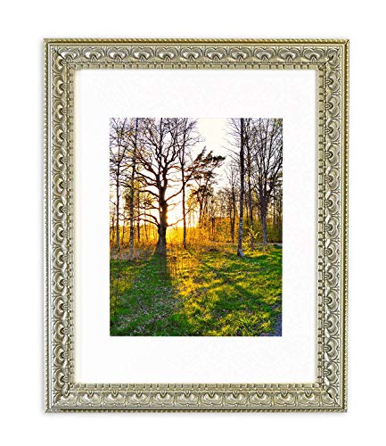 Product Cover Golden State Art, 11x14 Ornate Finish Photo Frame, Silver Beige Color, with White Mat for 8x10 Picture & Real Glass