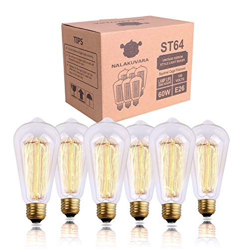 Product Cover NALAKUVARA Edison Light Bulb, Antique Style Amber Warm Light, Clear Glass Squirrel Cage Incandescent Lights, E26/E27 Base Dimmable (60w/110v), 6-Pack