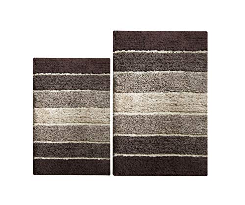 Product Cover Chardin Home - 100% Pure Cotton - 2 Piece Cordural Stripe Bath Rug Set, (21''x34'' & 17''x24'') Brown-Beige with Latex spray non-skid backing