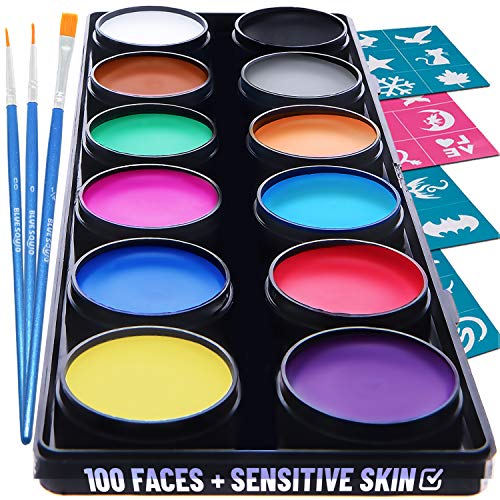 Product Cover Blue Squid Face Paint Kit for Kids - 30 Stencils, 12 Large Washable Paints, 3 Brushes, Safe Facepainting for Sensitive Skin, Professional Quality Body & Face Facepaints Halloween Makeup Paint Supplies