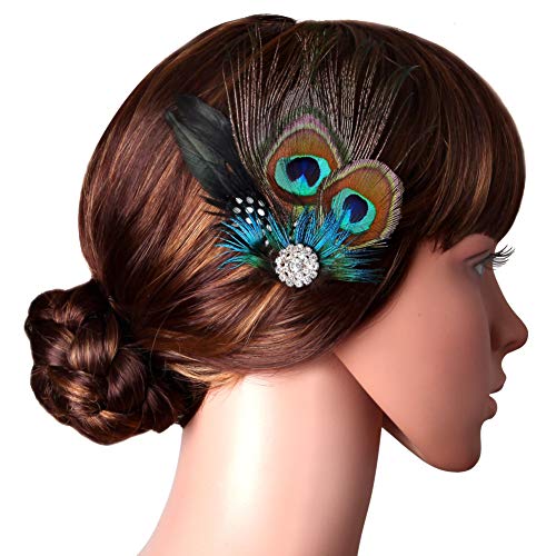 Product Cover BABEYOND Peacock Feather Hair Clip Peacock Fascinator with Rhinestones Roaring 20s Peacock Flapper Fascinator 1920s Peacock Hair Accessories (Style 1)