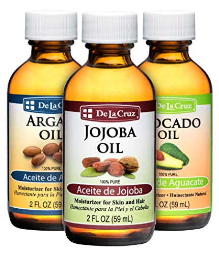 Product Cover De La Cruz Pure Argan Oil + Jojoba Oil + Avocado Oil, Bottled in USA (3 Bottles - ALL 2 FL OZ.)